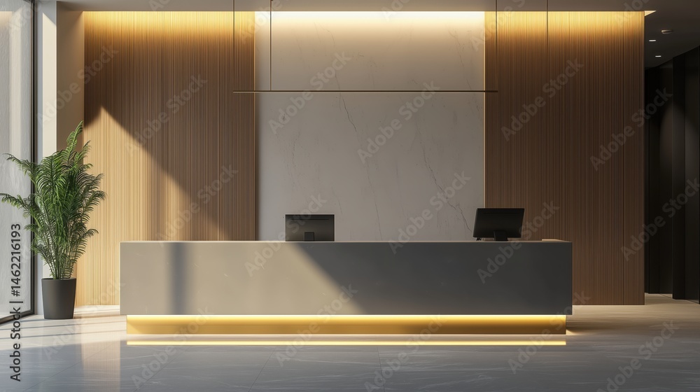 Modern hotel reception with a warm welcome offered by a receptionist in a minimalist front desk area