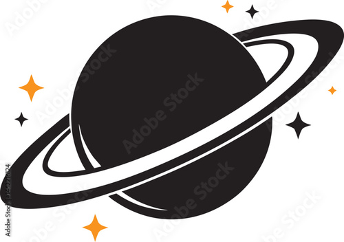Saturn Silhouette, Planet Saturn with planetary ring vector, cosmos and planet black silhouette, vector illustration