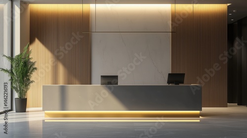 Obraz na płótnie Modern hotel reception with a warm welcome offered by a receptionist in a minimalist front desk area w salonie