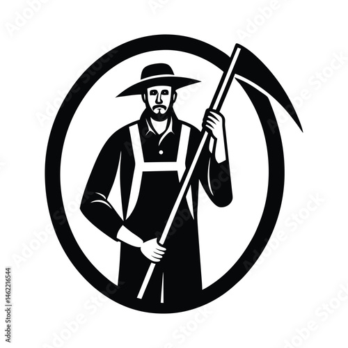 Farmer holding scythe icon on white background