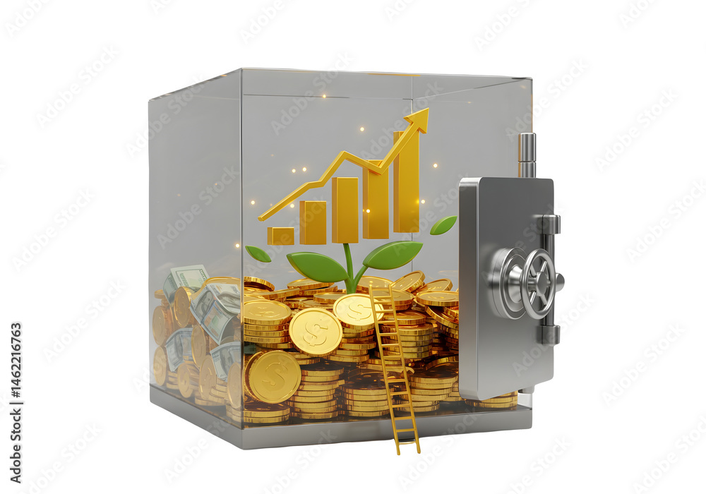 Growing your wealth: A 3D render of a transparent safe filled with gold coins and cash, showcasing financial growth.