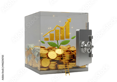 Obraz na płótnie Growing your wealth: A 3D render of a transparent safe filled with gold coins and cash, showcasing financial growth. w salonie