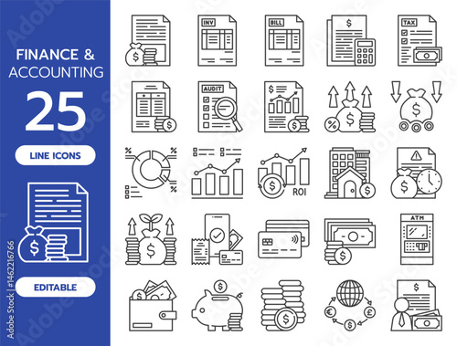 Finance and Accounting Line Icons. Includes 25 editable vector icons such as budget, invoice, calculator, tax, profit, loss, investment, wallet, and more.