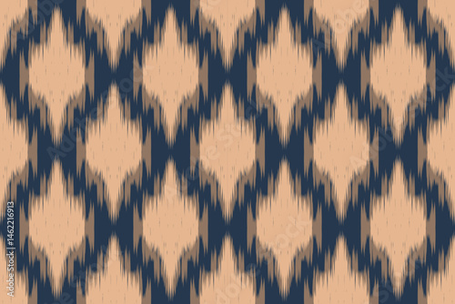 Seamless geometric ikat pattern in beige and navy blue tones, traditional ethnic textile background for fabric, fashion, wallpaper, upholstery, boho decor, and digital tribal design.