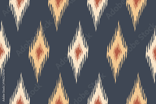 Seamless diamond ikat pattern in navy blue, red, and beige colors, traditional ethnic fabric design for textile prints, boho home decor, folk weaving backgrounds, and tribal artwork.