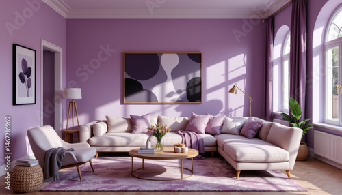 soft purple hue dominates the walls and accent decor, creating a soothing and cozy atmosphere in the chill living room.