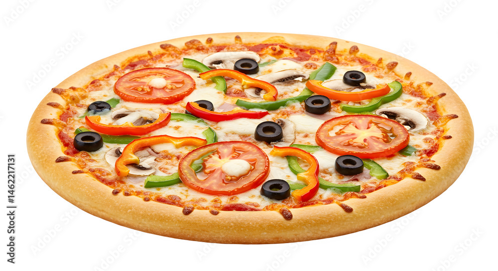 Delicious veggie pizza with melted cheese, ripe tomatoes, and assorted peppers.