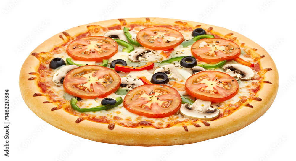 A delicious vegetarian pizza, topped with fresh tomatoes, mushrooms, olives, and bell peppers.