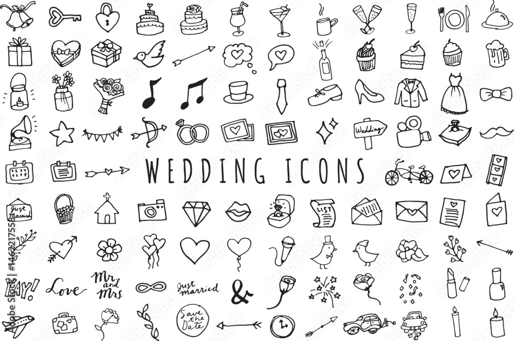 B&W Wedding Icons Hand Drawn Clipart Icons