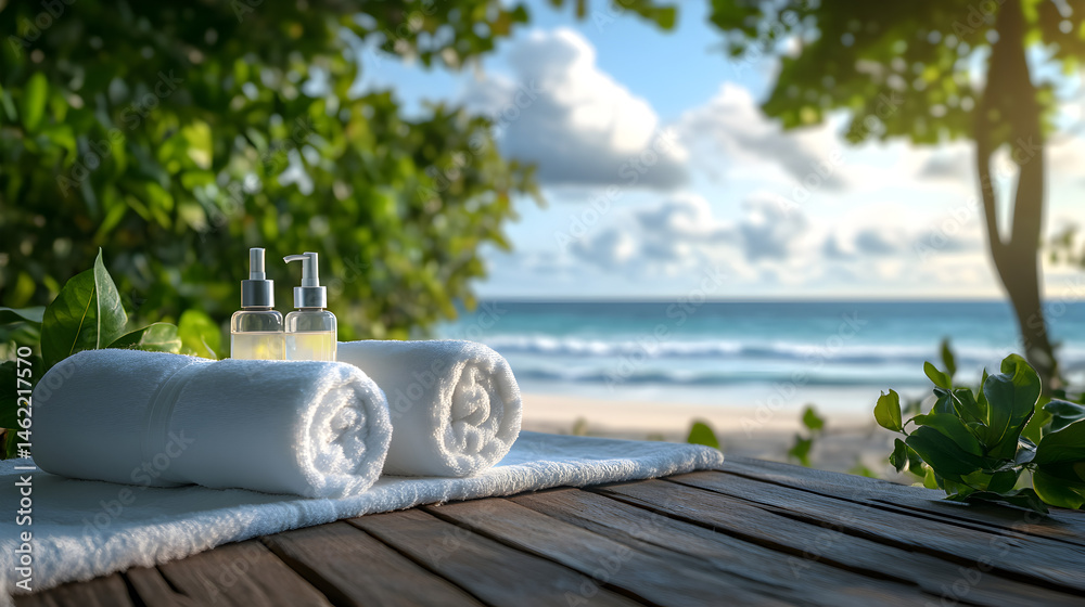 Obraz premium un hermoso paisaje a la orilla del playa con una cama de masaje para un dia relajado tranquilo estilo de vida de armonia cuidado personal