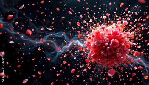 the explosion of flowers in space creates a breathtaking scene, with petals and dust shimmering like celestial fireworks against the black velvet backdrop of the universe.