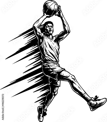 Dynamic vector illustration of a basketball player in action, leaping to score with motion lines. Ideal for sports design and athletic themes.
