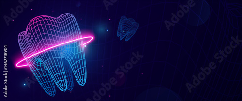 Dental or Orthodontic banner. Futuristic Mesh Grid Too thIn Neon Grid Style With Glowing Red On Dark Background, Perfect For Dental Tech, Digital Health And Innovation Concepts. Vector Illustration.