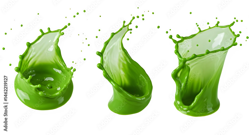 Vibrant green liquid splashes in motion, creating dynamic shapes against a black background.
