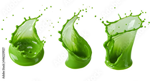 Obraz na płótnie Vibrant green liquid splashes in motion, creating dynamic shapes against a black background. w salonie