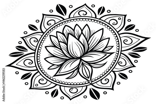 5 Intricate mandala design, lotus flower centerpiece, ornate floral patterns, symmetrical geometric shapes, black and white line art, intricate swirls and curves, delicate dotwork details, circular co