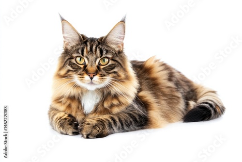 Fluffy Maine Coon posing on white background, hyper-detailed feline photography