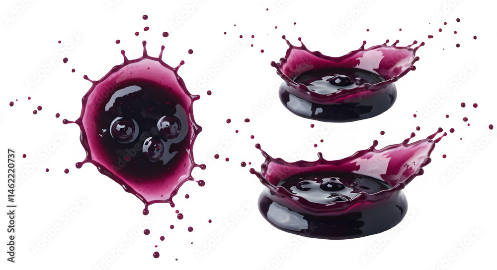 Three splashes of blueberry jam, showcasing the vibrant purple color and juicy texture.
