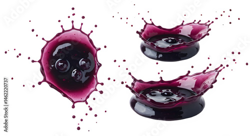 Obraz na płótnie Three splashes of blueberry jam, showcasing the vibrant purple color and juicy texture. w salonie