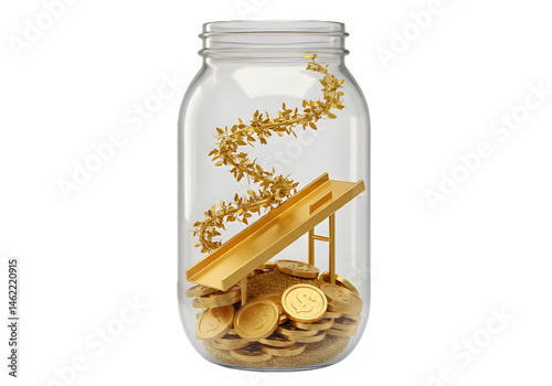 Golden coins roll down a ramp into a glass jar, symbolizing wealth growth.