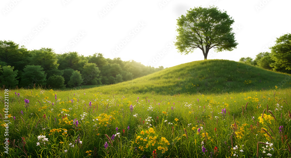 Serene landscape: A lush green meadow dotted with wildflowers, a solitary tree atop a gentle hill.