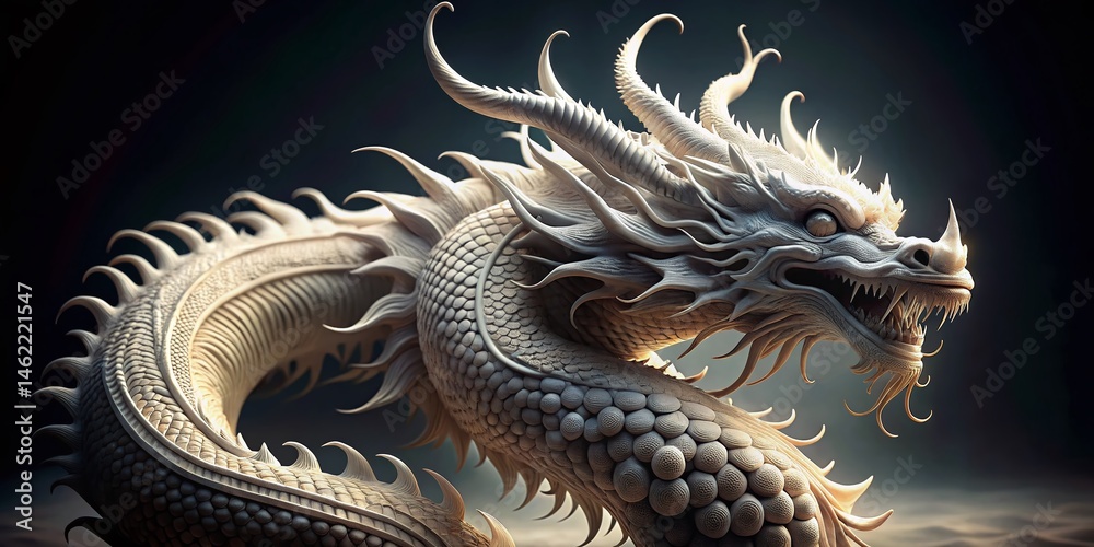 Fototapeta premium Intricate White Dragon Sculpture: Power, Elegance, & Surreal Detail