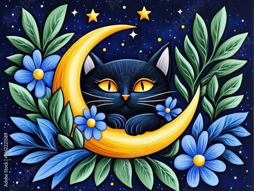 Cute black cat nestled in crescent moon, floral design