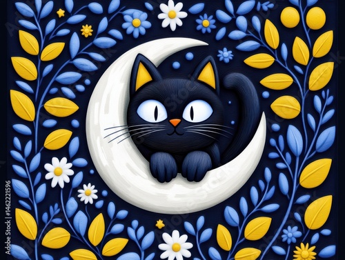 Cute cat on moon, floral frame