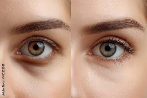 Split image of female eyes showing before and after dark circle removal, close-up of under-eye skin improvement, ideal for skincare, beauty products, or cosmetic treatment promotions