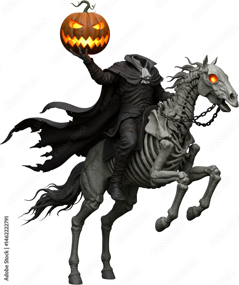 Fototapeta premium Headless Horseman Halloween 3D Render Spooky Skeleton Horse Rider with Jack o lantern