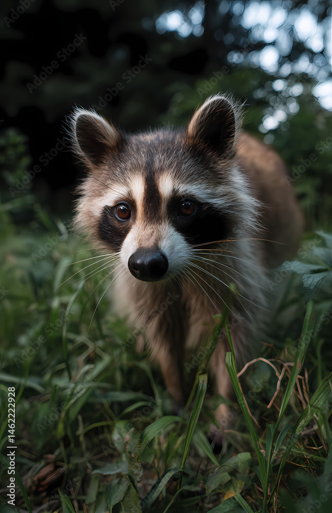 Obraz premium Close-Up Portrait of a Raccoon Partially Concealed by Lush Leaves, Showing Alert Eyes and Fur Details, Evoking the Mystery and Natural Beauty of this Common Yet Elusive Mammal in its Habitat