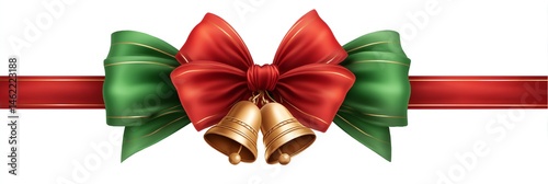 A red and green ribbon with gold bells hanging in the middle, isolated on a plain white blank background