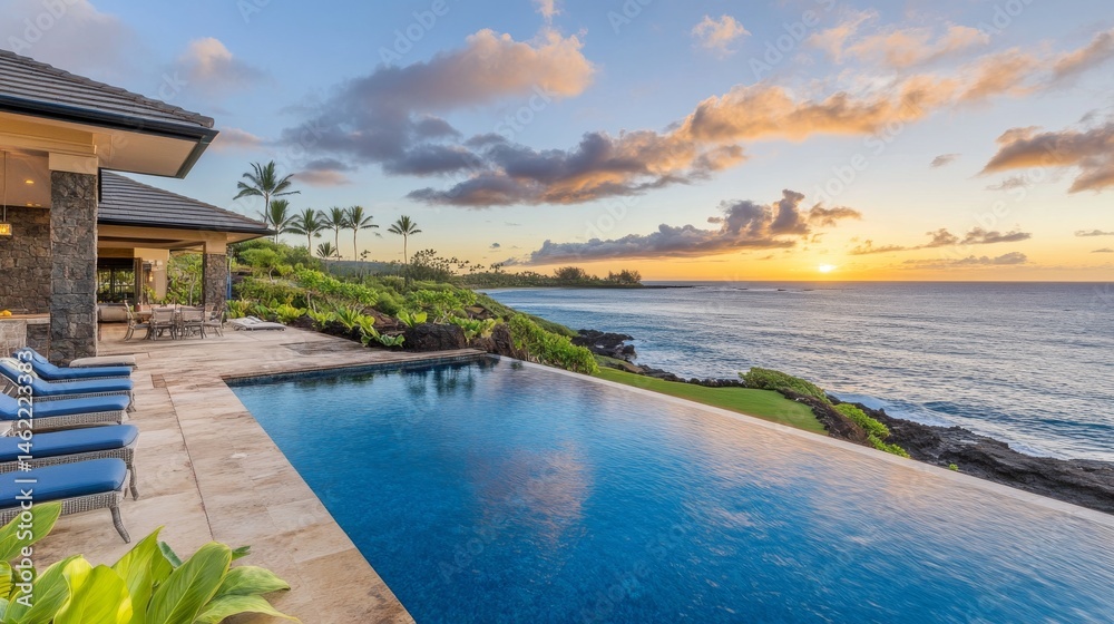 Fototapeta premium Modern luxury villa with infinity pool overlooking tropical ocean at sunset in Hawaii. Balcony view with lounge chairs, palm trees, and colorful clouds creating a peaceful vacation atmosphere.