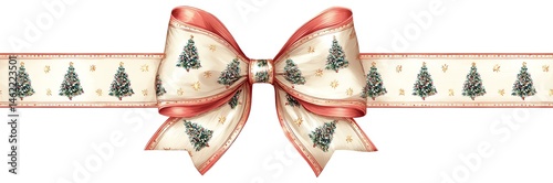 A traditional style Christmas bow with ribbon, embellished in cream and red satin, embellished with Christmas trees,, white background