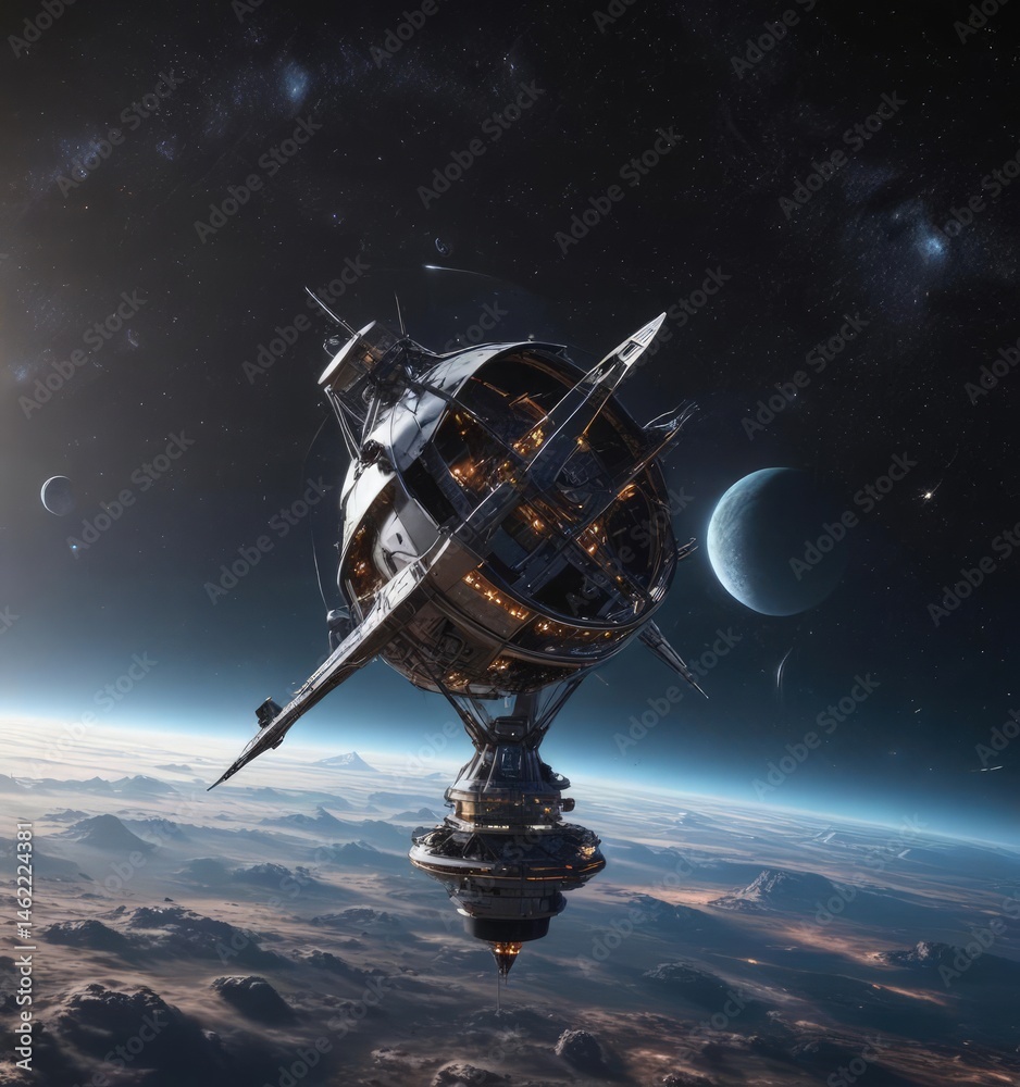 Naklejka premium Futuristic satellite with large antenna amidst stars , solar system, connection, modern