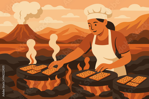 Flat food‑tech scene with chia cracker rows, steam wisps, and lava glow