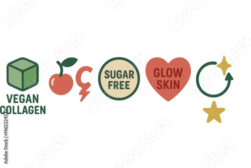 Gummy‑wellness icons merging cube, flash, badge, heart, loop, star