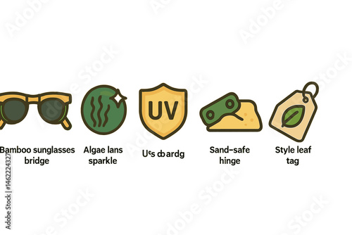 Sunglass‑eco icons showing bridge, sparkle, badge, hinge, ribbon, tag