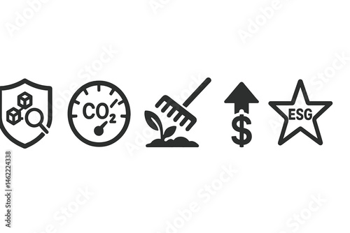 Impact‑finance icons linking shield, gauge, rake, arrow, star