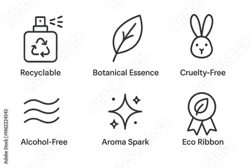 Perfume‑eco icons linking spritz, leaf, wave, bunny, spark, ribbon