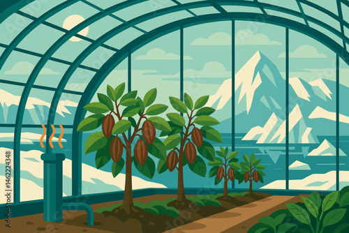 Flat ag‑tech scene with warm domes, cocoa pods, and icy backdrop