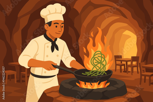 Flat food‑tech scene with sizzling green noodles, steam vents, and rock walls