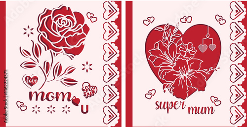 "Red Rose and Heart Design with 'Mum' and 'Super Mum' Messages, Floral Motif for Mother's Day"