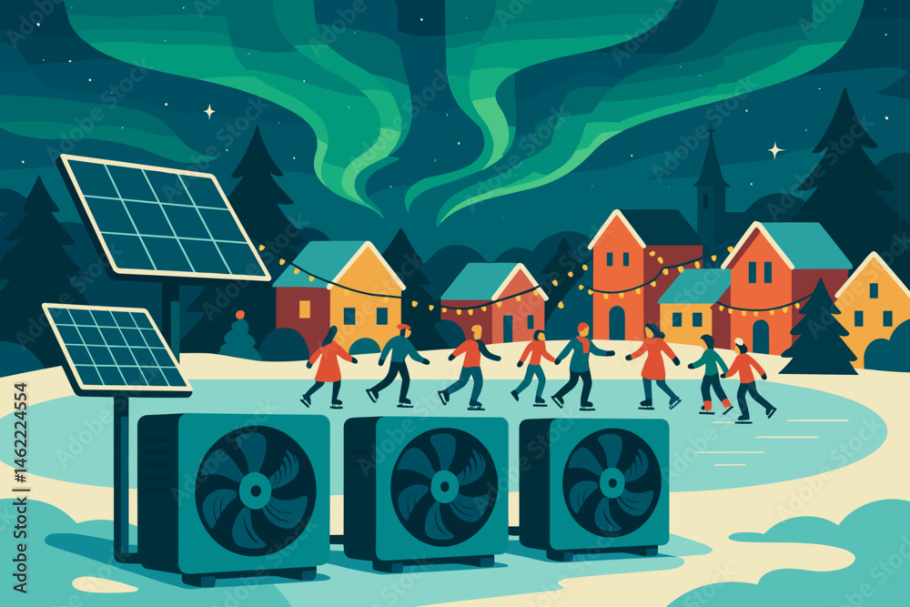 Fototapeta premium Flat winter‑green scene with PV roof, skaters, and aurora arcs