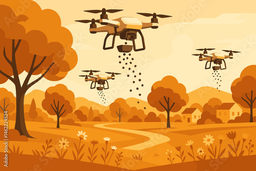 Flat eco‑tech scene with seed pellets, drones, and benches