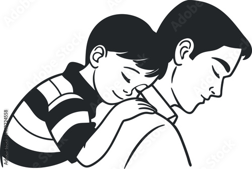 Heartwarming Line Drawing of Young Dad Carrying Sleepy Son  Father’s Day Vector Art