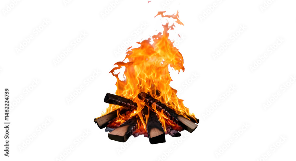 Fiery bonfire burning brightly against a black background. Intense flames and glowing embers.