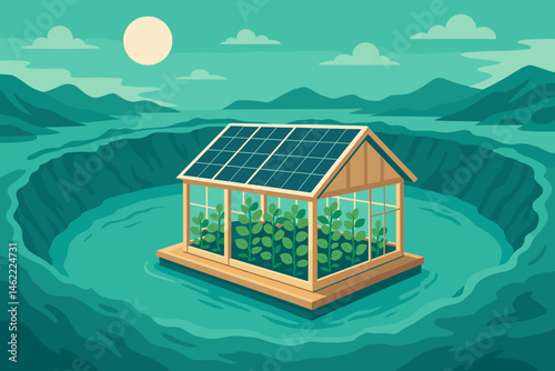 Flat ag‑tech scene with PV rafts, mint rows, and azure basin
