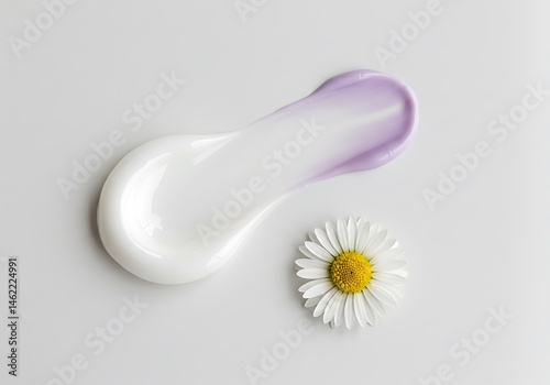 Cream smear with lavender tint and a daisy flower on a white surface for beauty and skincare products