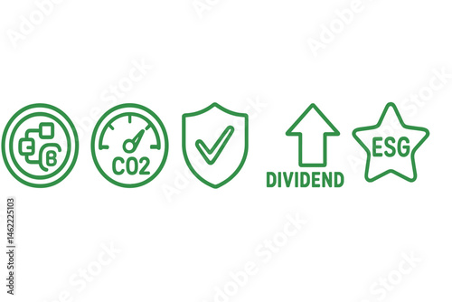 Impact‑finance icons linking coin, gauge, shield, arrow, badge